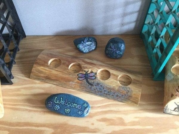 hand painted log candle holder and rocks